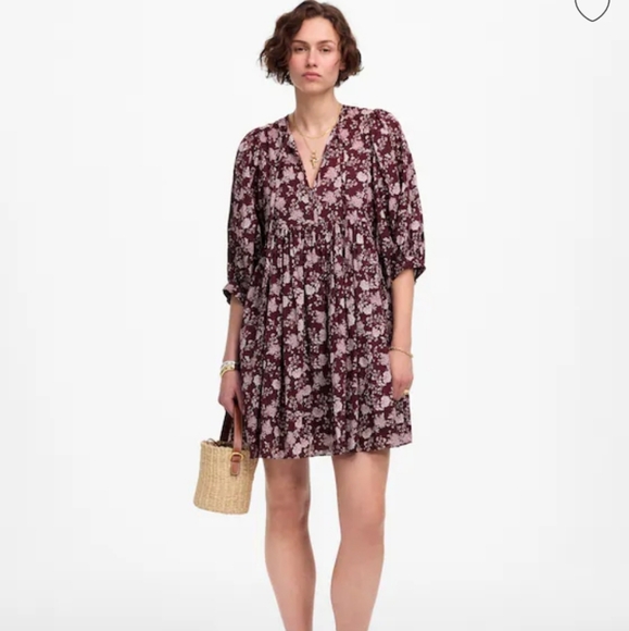 Madewell Splitneck Puff-Sleeve Dress in Floral NV450 Size S NWT Maroon - Picture 1 of 10